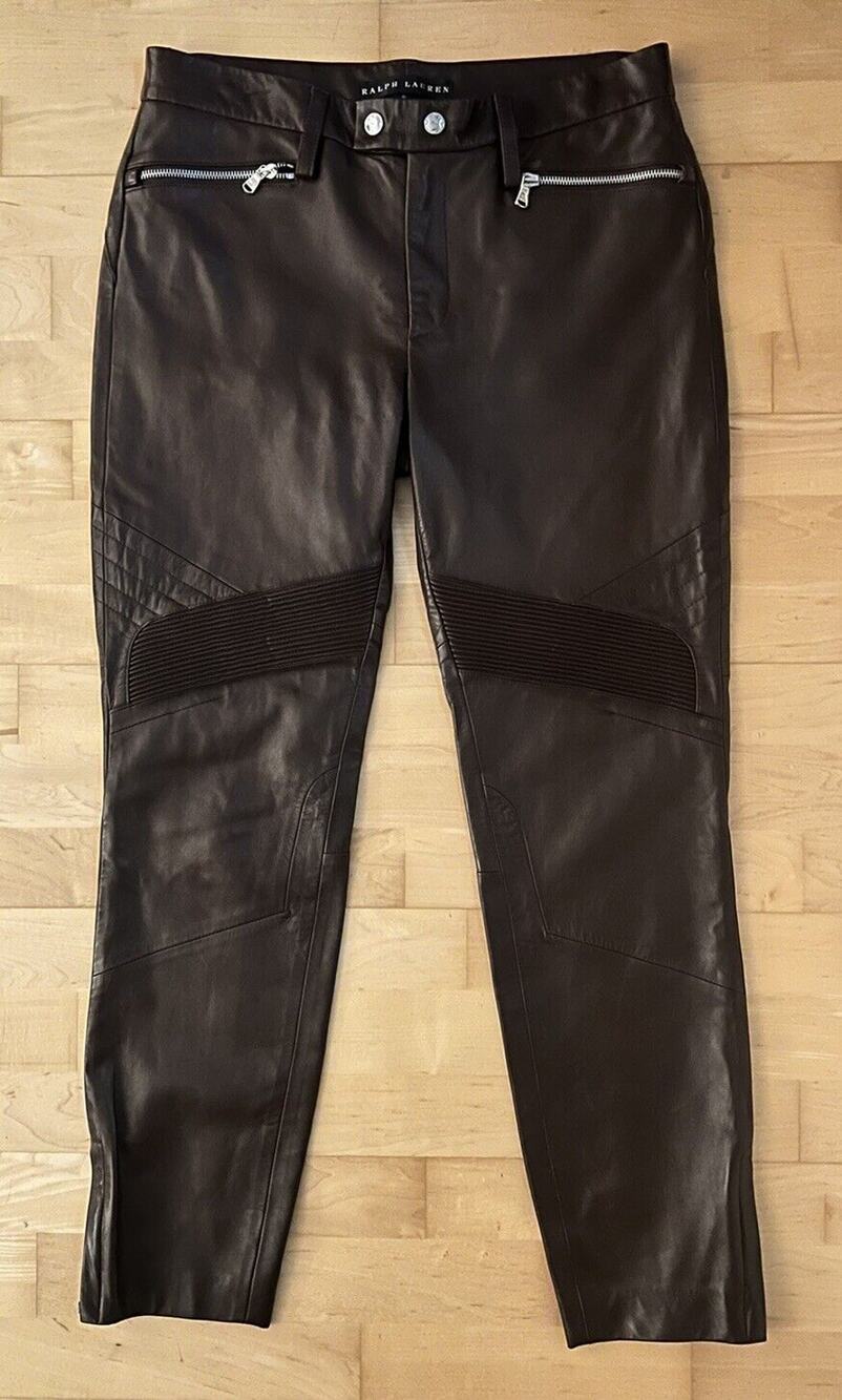 RALPH LAUREN BLACK LABEL Chocolate Brown Lamb Leather Stretch Moto Pants 8